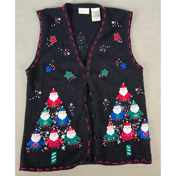 Bobbie Brooks Sweaters - Bobbie Brooks Black Christmas Sweater Vest Santa Gnomes Beaded BB3H263 Womens S